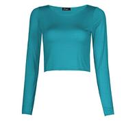 FashionMark Womens Plain Long Sleeves Scoop Neck Viscose Jersey Casual Crop Top - Blue - M/L