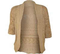 FashionMark Women's Plus Size Crochet Knitted Short Sleeve Cardigan - Beige - 16-18