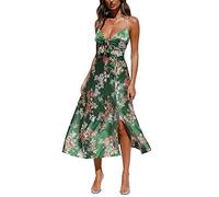 Fashionme Women Spaghetti Strap Midi Satin Dresses Tie Front Backless Split Hollow Dress, C-crystal Green, M