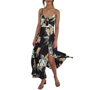 Fashionme Women Spaghetti Strap Midi Satin Dresses Tie Front Backless Split Hollow Dress, D-Black, M