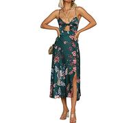 Fashionme Women Spaghetti Strap Midi Satin Dresses Tie Front Backless Split Hollow Dress - Green - Small