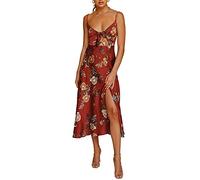 Fashionme Women Spaghetti Strap Midi Satin Dresses Tie Front Backless Split Hollow Dress, Maroon, M
