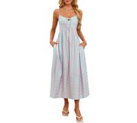 Fashionme Womens Summer Maxi Dresses 2025 Trendy Striped Vacation Boho Beach Spaghetti Strap Sundress Back Tie with Pockets, Blue Pink, M