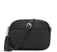 FashionPuzzle Chevron Quilted Crossbody Camera Bag with Chain Strap and Tassel, Black, One Size