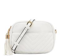 FashionPuzzle Chevron Quilted Crossbody Camera Bag with Chain Strap and Tassel, White, One Size