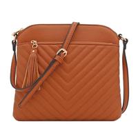FashionPuzzle Chevron Quilted Medium Crossbody Bag with Tassel Accent, Dark Tan, One Size