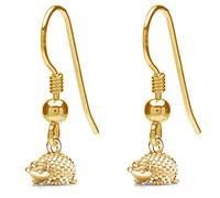 FASHIONS FOREVER® 925 Sterling Silver 24K-Gold Plated Cute Little Playful Hedgehog Fish-hook Dangle Earrings, Handmade in UK
