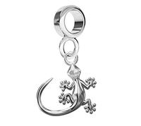 FASHIONS FOREVER® 925 Sterling Silver Gecko Garden Lizard Dangle Bead Slider Charm, Handmade In UK