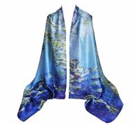 FashLuxe 100% Silk Art Print Scarf for Women - Luxury Soft Touch Lightweight All-Season Wrap Shawl - Size 180cm x 90cm - Elegant Gift for Birthday, Christmas, Mother’s Day (Monet Water Lilies)
