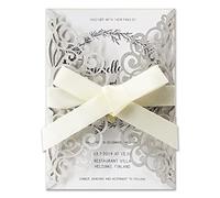 Fashmade 50Pcs Laser Cut Wedding Invitation With Glitter Envelopes And Ribbons Blank Personalized Card Invitaciones Para quinceañera Birthday Baby Shower Christmas Party Bridal Shower (Silver)