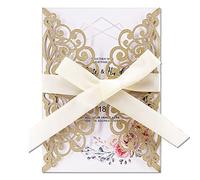Fashmade 50Pcs Laser Cut Wedding Invitation With Glitter Envelopes And Ribbons Blank Personalized Card Invitaciones Para quinceañera Birthday Baby Shower Christmas Party Bridal Shower (Gold)