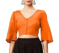 Fashnkart Bollywood Indian Readymade Cotton Saree Blouse for Women Long Sleeve V Neck Sari Choli Crop Top Orange