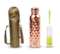 Fashnkart Copper Water Bottle Diamond Regular Pure Copper Bottle Yoga Water Bottle Ayurveda Health Benefits Leak Proof 1000 ML With Bag & Brush