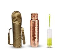 Fashnkart Copper Water Bottle Hammered Regular Pure Copper Bottle Yoga Water Bottle Ayurveda Health Benefits Leak Proof 1000 ML With Bag & Brush