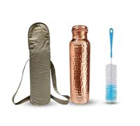 Fashnkart Copper Water Bottle Hammered Regular Pure Copper Bottle Yoga Water Bottle Ayurveda Health Benefits Leak Proof 1000 ML With Bag & Brush