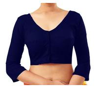Fashnkart Cotton Saree Front Open Blouses for Women Readymade Choli Solid Full Sleeve Plain Fashion Ethenic Sari Blouse Navy Blue