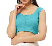Fashnkart Cotton Saree Front Open Blouses For Women Readymade Choli Solid Sleeveless Plain Fashion Ethenic Sari Blouse Sky Blue