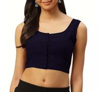 Fashnkart Cotton Saree Front Open Blouses For Women Readymade Choli Solid Sleeveless Plain Fashion Ethenic Sari Blouse Navy Blue