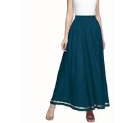 Fashnkart Cotton Slub Maxi Skirt Flared Solid Plain Elastic Waist Flared Skirt for Women Western Wear Long Party Waist 28 Teal