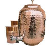 Fashnkart Handmade Hand Hammered Pure Copper Water Dispenser Pot with 2 Silver Touch Glass Ayurveda Healing Water Storage Tank 16 Liter