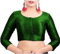 Fashnkart Indian Bollywood Dupion Silk Saree Blouse Party Wear Readymade Sari Blouse for Women Round Neck Front Open Green