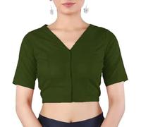 Fashnkart Indian Bollywood Saree Cotton Blouse for Women Readymad Choli Plain Top V-Neck, Half Sleeve, Front Open Olive Green
