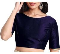 Fashnkart Indian Women's Dupion Stitched Blouse Readymade Choli Half Sleeve Top Bollywood Boat Neck with Lace Navy Blue