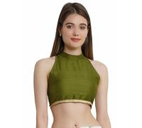 Fashnkart Indian Women's Silk Stitched Sleeveless Blouse Crop Top Dupion Readymade Ethnic Tunic Choli Halter Neck Olive Green 38"