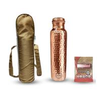 Fashnkart Joint Free Traveller's Hammered Copper Water Bottle with Bag & Pitambari Leak Proof Ayurveda Copper Vessel Stylish Bottle for Sports, Fitness, Yoga, Natural Health Benefits 750 ML