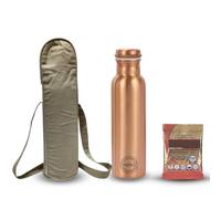Fashnkart Joint Free Traveller's Plain Copper Water Bottle with Bag & Pitambari Leak Proof Ayurveda Copper Vessel Stylish Bottle for Sports, Fitness, Yoga, Natural Health Benefits 750 ML