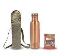 Fashnkart Joint Free Traveller's Plain Copper Water Bottle with Bag & Pitambari Leak Proof Ayurveda Copper Vessel Stylish Bottle for Sports, Fitness, Yoga, Natural Health Benefits 750 ML