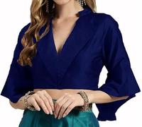 Fashnkart Stitched Saree Blouse for Women Indian Dupion Silk Top Readymade Bollywood Sari Choli Collar Neck, Half Sleeve, Side Open with Zipper Blue