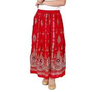 Fashnkart Women Embroidery Sequin Boho Skirt Long Chic Gypsy Crinckle Maxi Tie Dye Skirt Red