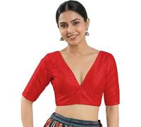 Fashnkart Women's Dupion Silk Saree Blouse Deep V-Neck Half Sleeve Readymade Choli Back Tie-Up Dori Closure Padded Ethnic Blouse for Saree & Lehenga Red