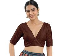 Fashnkart Women's Dupion Silk Saree Blouse Deep V-Neck Half Sleeve Readymade Choli Back Tie-Up Dori Closure Padded Ethnic Blouse for Saree & Lehenga Maroon
