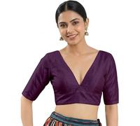 Fashnkart Women's Dupion Silk Saree Blouse Deep V-Neck Half Sleeve Readymade Choli Back Tie-Up Dori Closure Padded Ethnic Blouse for Saree & Lehenga Wine