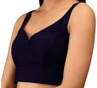 Fashnkart Women's Stitched Saree Blouse Indian Women Dupion Silk Top Readymade Bollywood Sari Choli V-Neck Line, Sleeveless, Side Open with Zipper Navy Blue