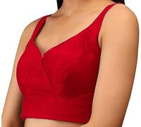 Fashnkart Women's Stitched Saree Blouse Indian Women Dupion Silk Top Readymade Bollywood Sari Choli V-Neck Line, Sleeveless, Side Open with Zipper Red