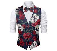 Fashonal 2-Piece Mens Halloween Christmas Suit Vest & Bow Tie S-3XL, Rose Skull, Small