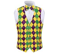Fashonal 2-Piece Men's Mardi Gras Halloween Vest, Waistcoat Vest & Bow Tie S-3XL, Harlequin, Large