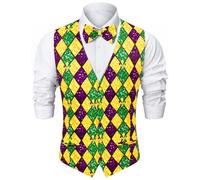 Fashonal 2-Piece Men's Mardi Gras Halloween Vest, Waistcoat Vest & Bow Tie S-3XL, Harlequin, Large