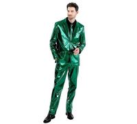 Fashonal Men's 3-Piece Shiny Metallic Suits, Two Button Jacket & Pants & Tie, Green, XXL