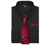 Fashonal Men's Dress Shirt with Matching Tie and Handkerchief Set, S-4XL, Black, Large