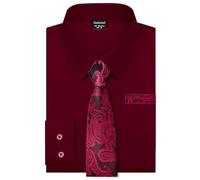 Fashonal Men's Dress Shirt with Matching Tie and Handkerchief Set, S-4XL, Burgundy, Medium