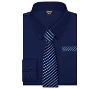 Fashonal Men's Dress Shirt with Matching Tie and Handkerchief Set, S-4XL, Navy Blue, Medium