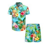 Fashonal Mens Hawaiian Print Shirts and Shorts Sets Casual 2 Piece Outfits Summer Tracksuit, M-4XL, Pineapple, Large