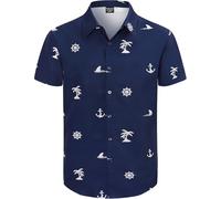 Fashonal Men's Hawaiian Shirt Button Down Tropical Beach Short Sleeve Aloha Shirt, Anchor Navy, XL