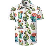 Fashonal Men's Hawaiian Shirt Button Down Tropical Beach Short Sleeve Aloha Shirt, Cactus, Medium