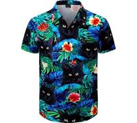 Fashonal Men's Hawaiian Shirt Button Down Tropical Beach Short Sleeve Aloha Shirt, Cat Black, Medium