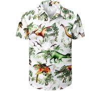Fashonal Men's Hawaiian Shirt Button Down Tropical Beach Short Sleeve Aloha Shirt, Dinosaur White, XL